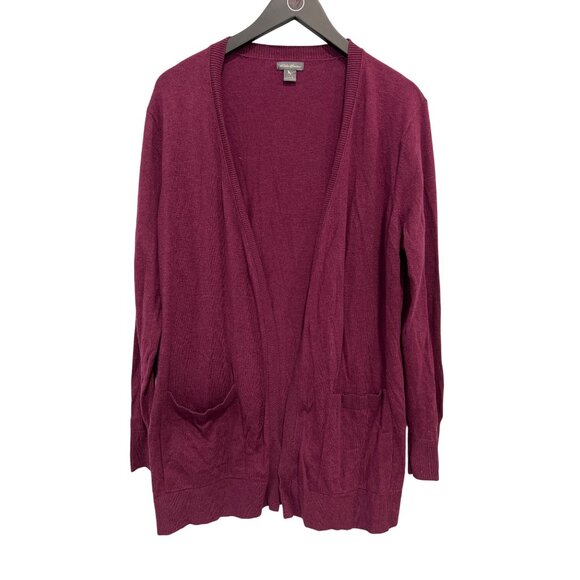Eddie Bauer Open Front Cardigan Sweater Womens L Maroon Plum Cozy Knit Layering - Picture 1 of 7